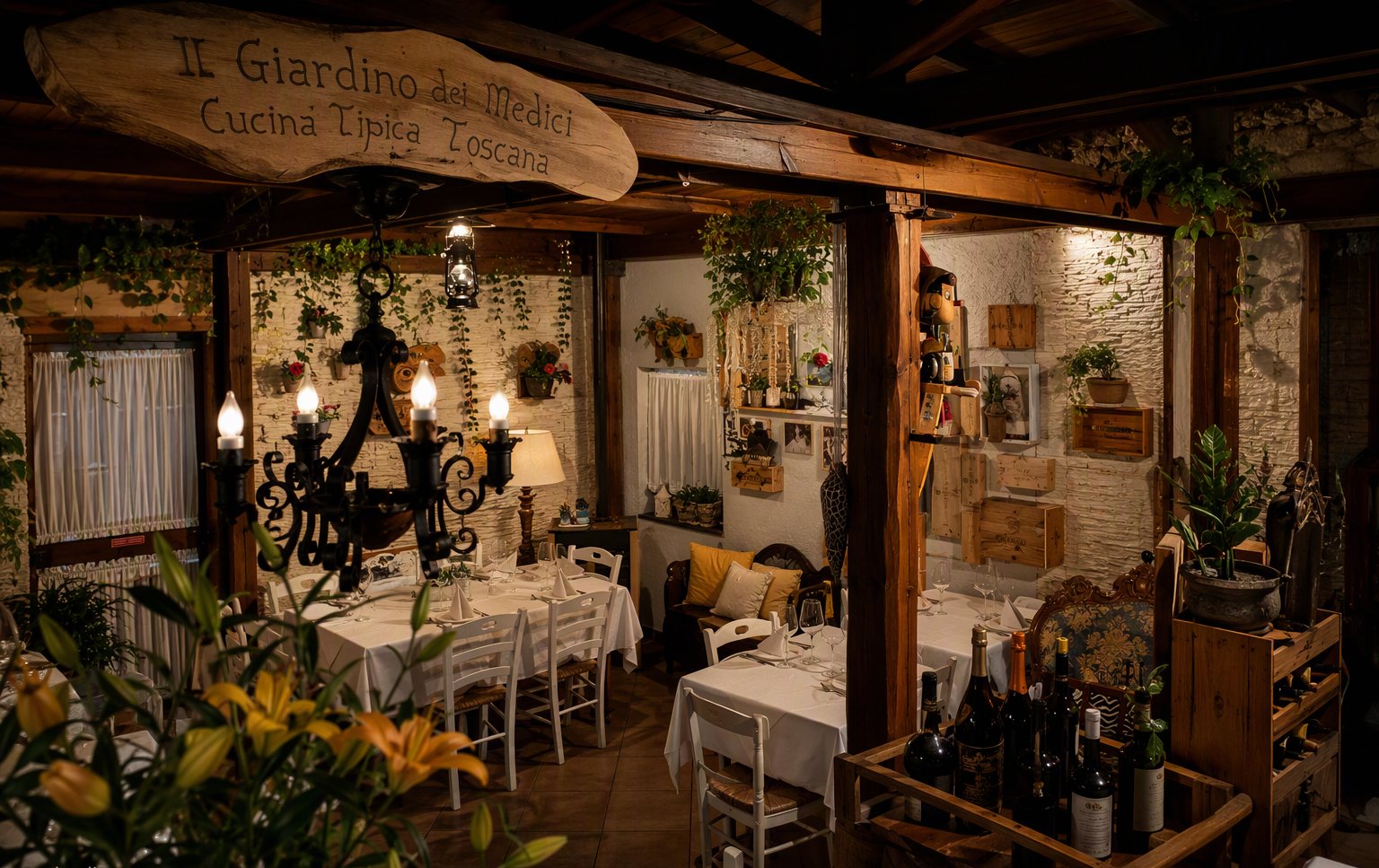 La sala interna con l'insegna in legno Il Giardino dei Medici sospesa alla trave