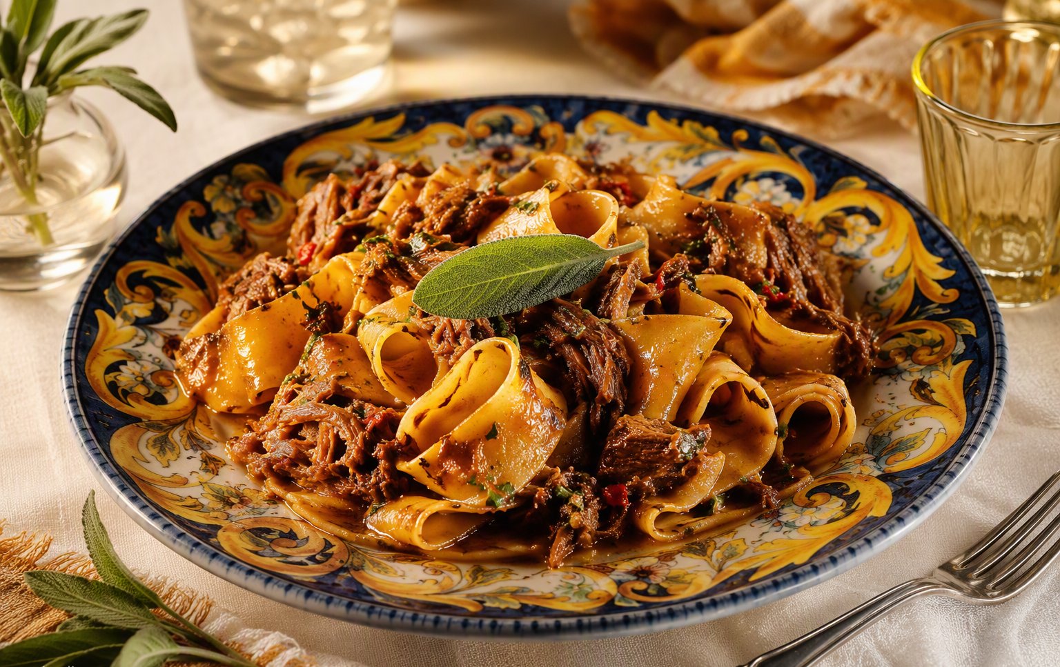 Le pappardelle nel piatto decorato a mano