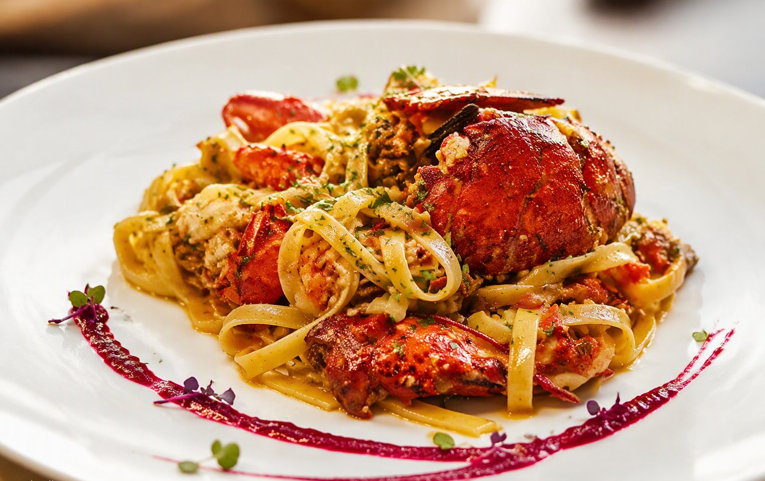 Le tagliatelle all'astice con il carapace e il sugo rosato